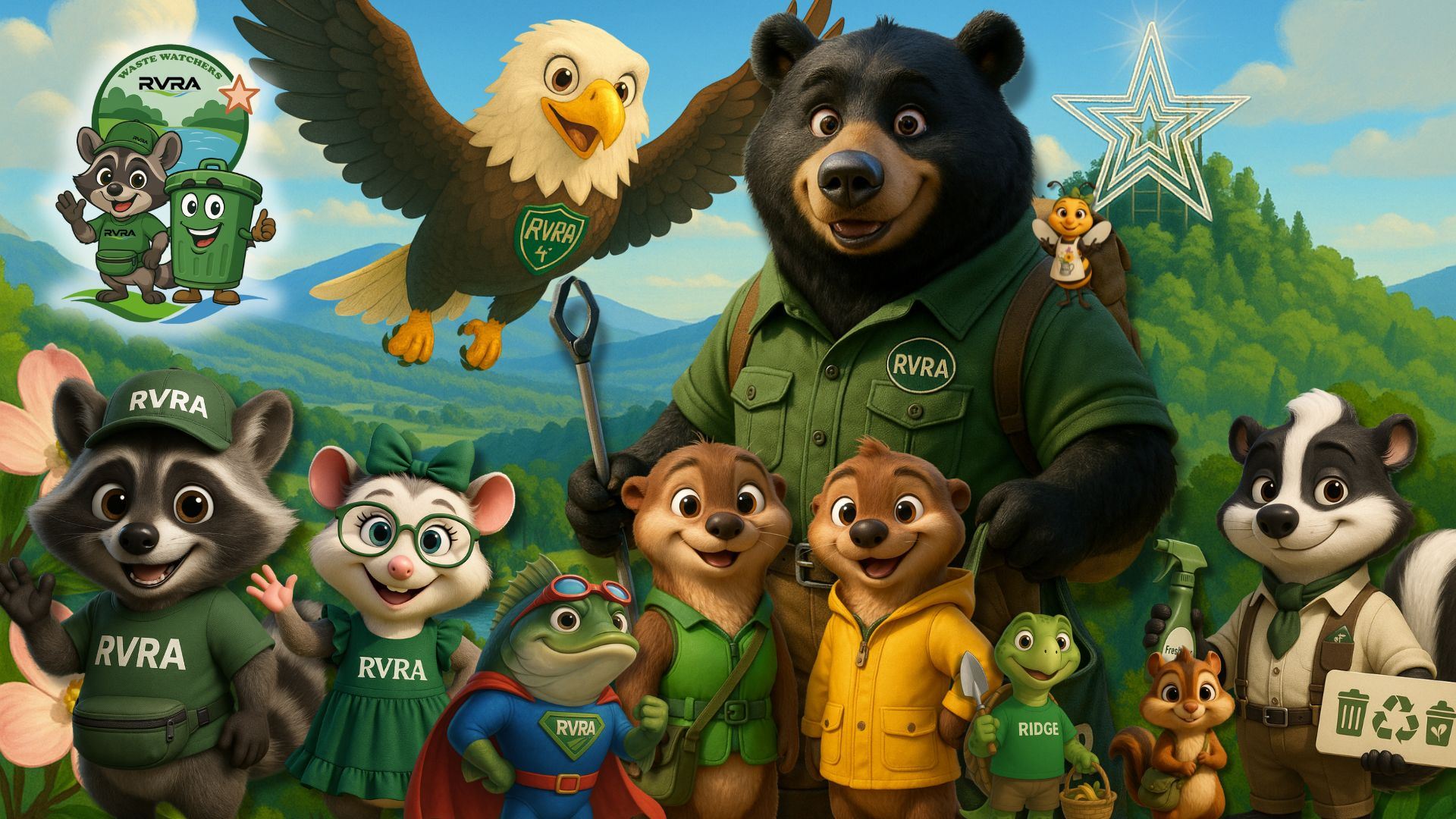 RVRA Waste Watcher full screen graphic - cartoon animals smiling