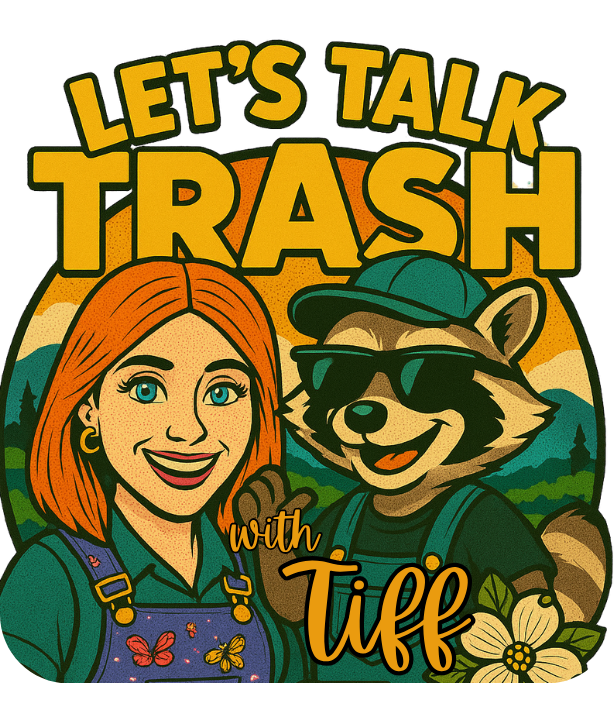 cartoon of a girl with red hair and purple overalls with a raccoon wearing sunglasses